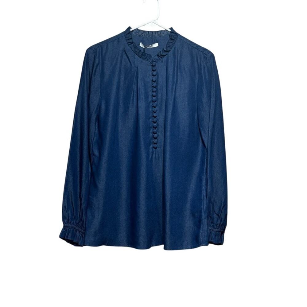 NWT The Fold London Tierney Blouse Size US 6 UK 10 Blue Ruffle Neck Long Sleeve